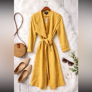 Express Mustard Yellow Belted Trench Coat XS – Lightweight Rayon Duster Jacket